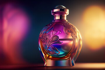  a bottle of perfume with a colorful background and a light shining behind it and a blurry background behind it. Generative AI