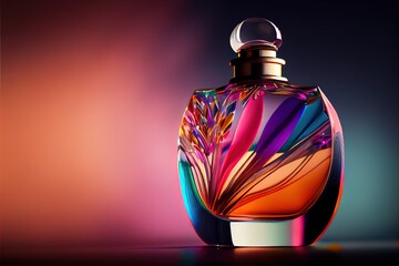  a colorful bottle of perfume on a table with a blurry background in the background and a pink and blue background. Generative AI