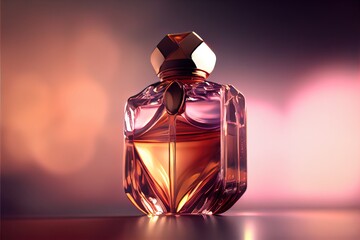  a bottle of perfume sitting on a table with a blurry background behind it and a light shining on the bottle. Generative AI