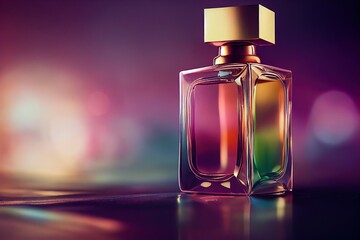  a bottle of perfume on a table with a blurry background and a light reflection on the floor behind it. Generative AI