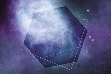 星空イラスト・ダーク背景テンプレート）紫の星雲と銀色グリッターの幾何学模様。宇宙や夜のイメージ