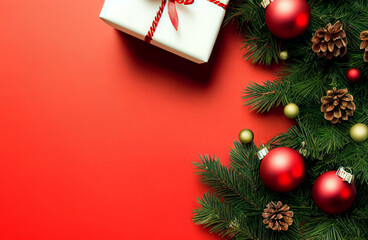 Fondo de Navidad con árbol de Navidad y luces bokeh brillantes sobre fondo rojo. Tarjeta de feliz navidad. Tema de vacaciones de invierno. Feliz año nuevo.