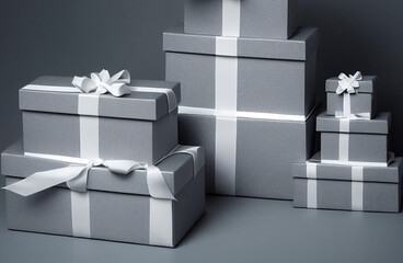 Caja de regalos en colores grises, con listones blancos, vista superior, ornamentos navideños, regalo de navidad