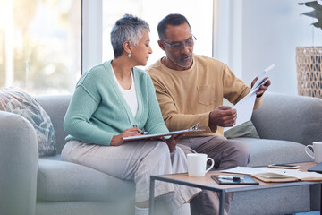 Finance, documents and senior couple on sofa with bills, paperwork and insurance checklist in home, life or asset management, Elderly black people on couch with financial, retirement or mortgage debt - obrazy, fototapety, plakaty