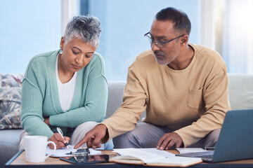 Senior black couple, taxes and home with laptop, documents or focus in home for family finance. Elderly, woman and man with computer, tablet or notebook in audit, budget or planning on lounge sofa