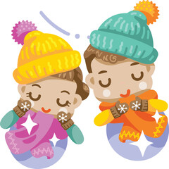 little girl and little boy in a fluffy robe coat closed eyes feel warm.