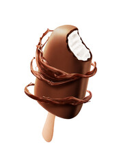 Bitten ice cream chocolate covered with chocolate splash swirl isolated on white background with clipping path.