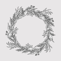 Rustic, delicate round frame vector made of beautiful branches, botanical wreath