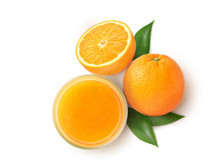 Flat lay of Orange juice with cut in half isolated on white background.