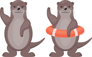 Otters. Two cute cartoon otters. An otter in a lifebuoy. Cute river animals. Vector illustration