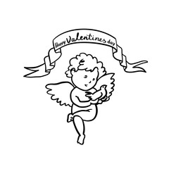 Flying Cupid or Amur with bow and arrow. Winged baby god of love Eros. Hand drawn linear doodle ink sketch. Isolated vector illustration.
