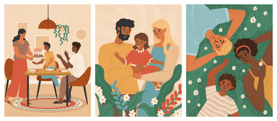 Happy multicultural family with kids. Interracial family concept vector poster set. People with different skin color and cultural background together. Black father and white mother with mixed child