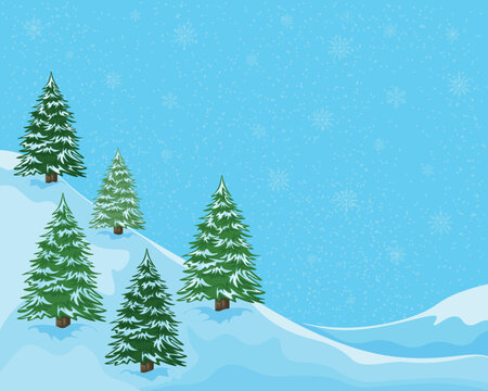 Winter illustration. Winter landscape with the image of Christmas trees on the mountainside. Christmas trees in the snowy forest. Vector