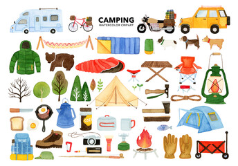Watercolor set of camping and hiking equipment, outdoors adventure. Isolated items. Hand drawn illustration