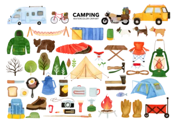Deurstickers Bergen Watercolor set of camping and hiking equipment, outdoors adventure. Isolated items. Hand drawn illustration