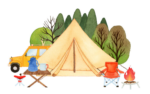 Hand drawn watercolor tipi tent. isolated on white background.	