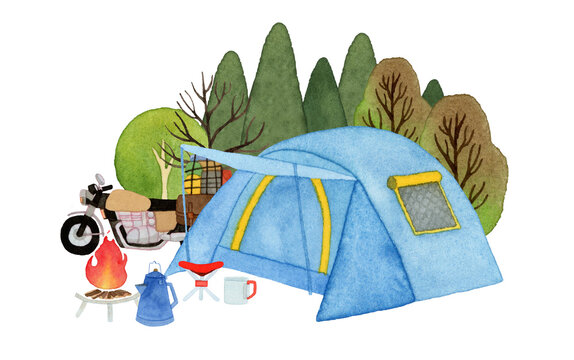 Hand drawn watercolor blue tent. isolated on white background. motorbike.	