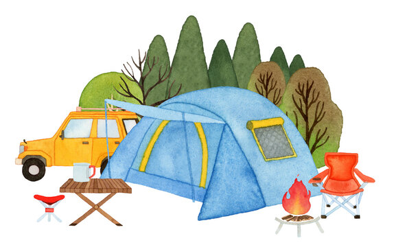Hand drawn watercolor blue tent. isolated on white background. car.	