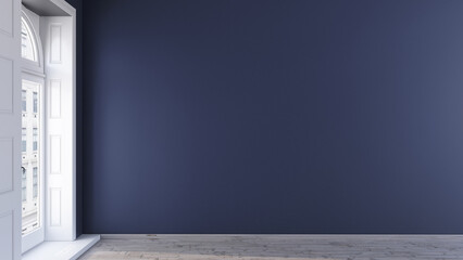 3d navy blue wall mockup design in an empty room with wooden floor and window.