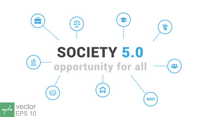 Fototapeta na wymiar Society 5.0 banner, opportunity for all icon set. Problem solving and value creation, diversity, decentralisation, resilience, sustainability and environmental harmony. Vector illustration EPS 10.