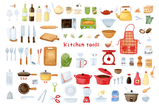 Big collection of kitchen tools. Salt and pepper, pots, aprons, mittens, plates, various symbols. Hand painted watercolor on white clip art graphic elements for printable decoration.
