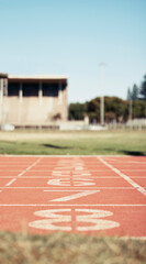 Empty stadium, sports and race track with numbers for start position in athletics, marathon or...