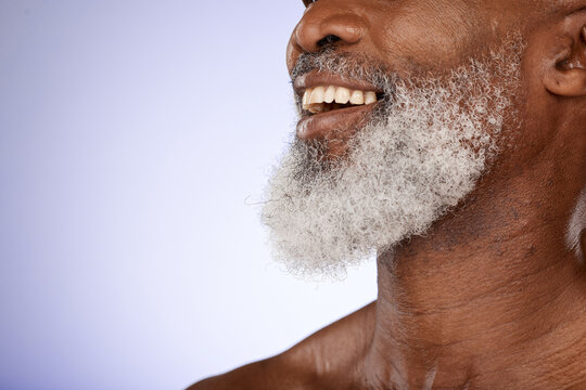 Face, Beard And Senior Black Man In Studio Isolated On A Purple Background Mockup. Dental, White Teeth And Happy Elderly Male Model In Retirement With Good Oral Hygiene, Healthy Facial Hair And Smile