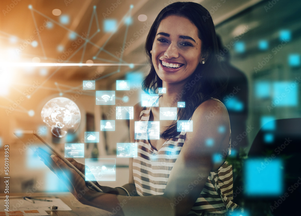 Poster woman, ai and digital tablet in big data working at the office with smile for virtual technology. po