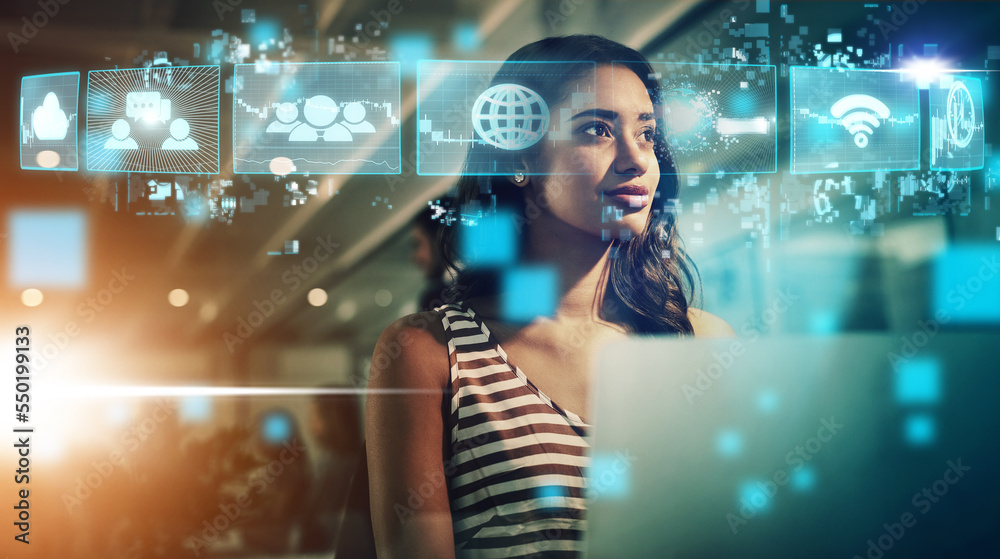 Aufkleber woman, digital networking and ai technology in virtual hologram icons for global communication at th