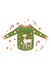 Christmas retro greeting card with ugly sweater. Groovy sweater and decorative elements in 70s style. Vector illustration for holidays postcard, invitation, sticker etc.