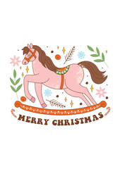 Merry Christmas retro greeting card with rocking horse and decorative elements in 70s style. Vector illustration for postcard, invitation, sticker etc.