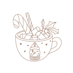 Coloring page outline of Christmas cup with candy cane and marshmallow. Outlined hot chocolate cup. Coloring vector book antistress for adult and kids.