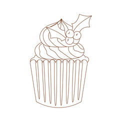 Coloring page outline of Christmas sweet cupcake. Outlined muffin with cream and decoration. Coloring vector book antistress for adult and kids.