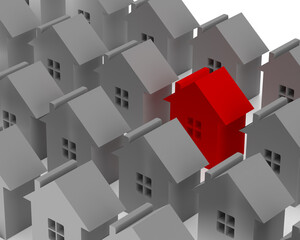 Fototapeta premium 3d model. Many cottages and one red. Difference.