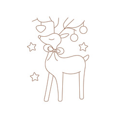 Coloring page outline of Christmas deer with toys. Outlined festive animal. Coloring vector book antistress for adult and kids.