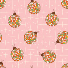 New year retro seamless pattern with groovy disco ball fir-tree toy. Christmas toys on checkerboard background. Vintage vector for winter holidays postcard, invitation, wrapping paper, packaging etc.