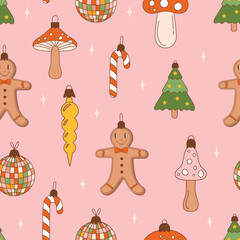 New year retro seamless pattern with groovy various Christmas fir-tree toys. Vintage vector for winter holidays postcard, invitation, wrapping paper, packaging etc.