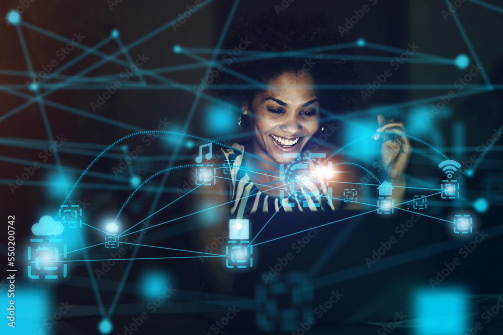 Aufkleber Black woman, cloud computing or hologram futuristic 5g UX tech for networking, analytics or big data strategy. Business network, iot or data analysis computer AI for big data or social media app