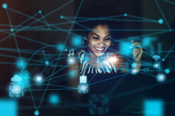 Black woman, cloud computing or hologram futuristic 5g UX tech for networking, analytics or big...