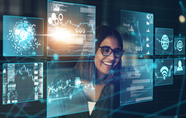 Call center, consultant and woman with futuristic data analytics of global support contact or help desk support. Future customer service, telemarketing or hologram overlay of girl consulting at night