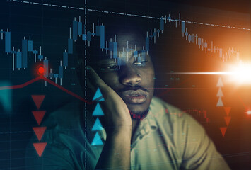 Stock market crash, business man sad, depressed or tired in dark background mock up and data overlay. Accounting, finance and forex investor with chart or graph arrow analytics for fintech or trading