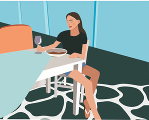 Young woman sitting in a restaurant and enjoying food.