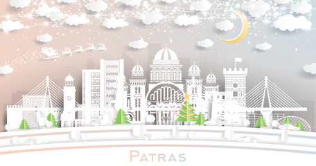 Patras Greece. Winter City Skyline in Paper Cut Style with Snowflakes, Moon and Neon Garland.