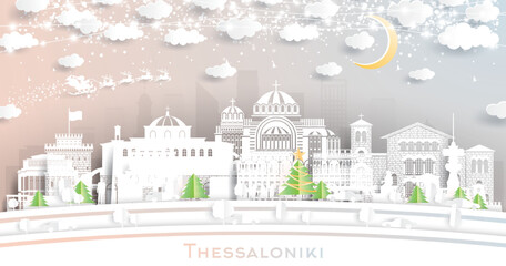 Thessaloniki Greece. Winter City Skyline in Paper Cut Style with Snowflakes, Moon and Neon Garland.