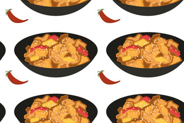 Chinese chicken in spicy sauce and pepper. Seamless pattern in vector. Asian cuisine