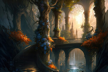 AI generated image of a large Elven or Elvish city with arches, marble palaces, waterfalls and vegetation