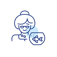 Cute elderly woman and her pet fish in a bowl. Pixel perfect, editable stroke line icon