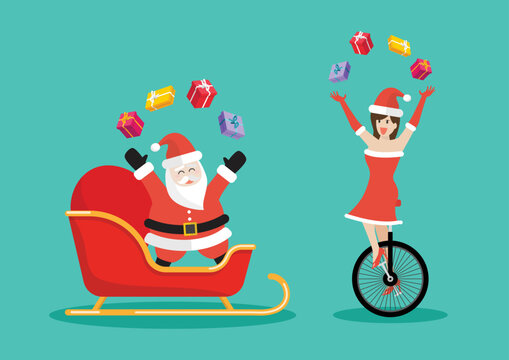 Santa Claus and santa girl juggling gift boxes on a vehicle