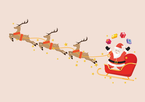 Santa Claus juggling gift boxes on a reindeer sleigh