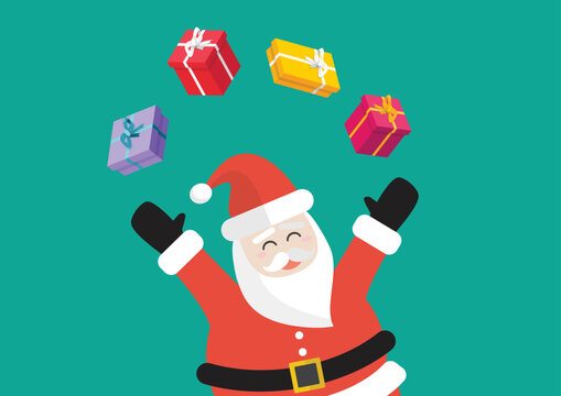 Santa Claus juggling present boxes